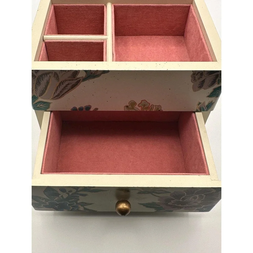 Vintage Floral Trinket Box Cream Jewelry Storage with Gold Base